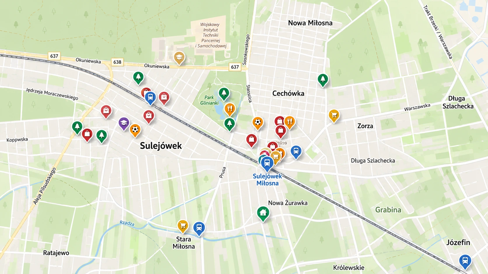 Okolica osiedla - infrastruktura pieszo, Zielone Osiedla Sulejówek