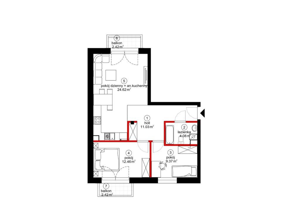Mieszkanie 3-pokojowe 61 m² z dwoma balkonami — II piętro, klatka I