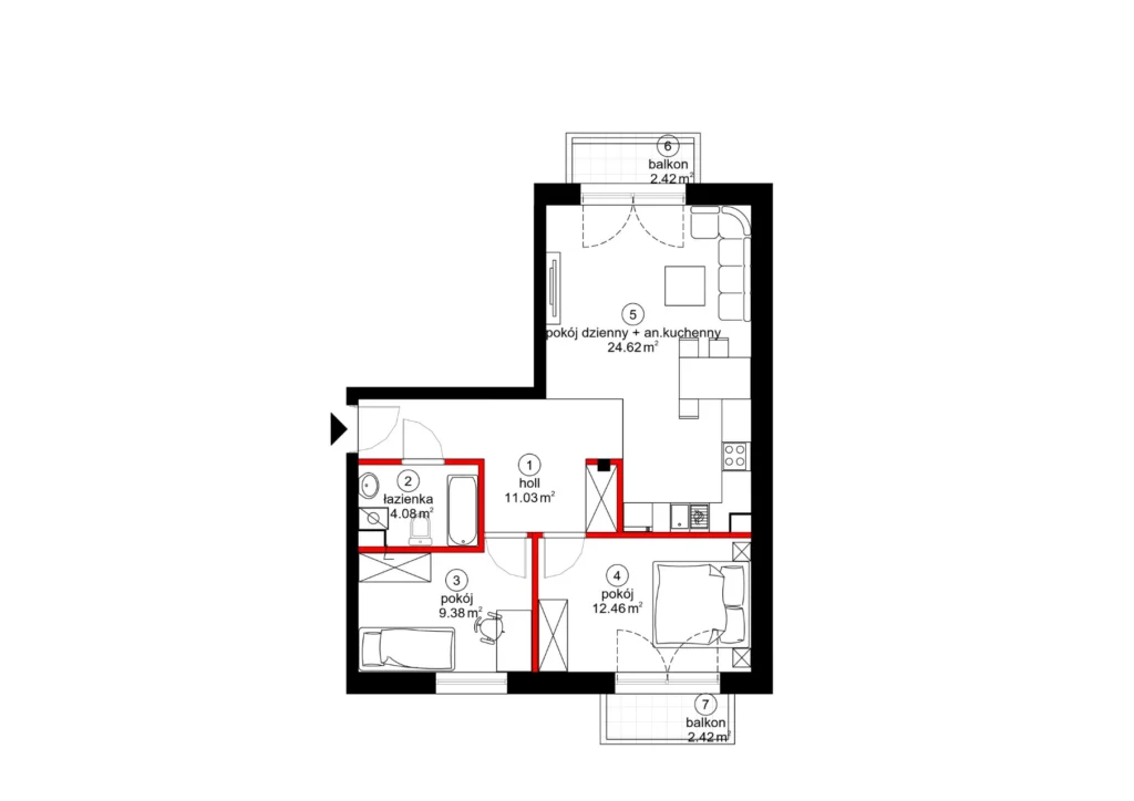 Mieszkanie 3-pokojowe 61 m² z dwoma balkonami — II piętro, klatka II