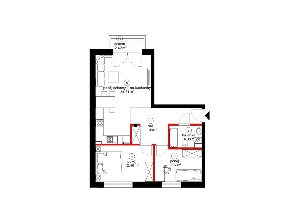 Mieszkanie 3-pokojowe 61 m² z balkonem — I piętro, klatka I