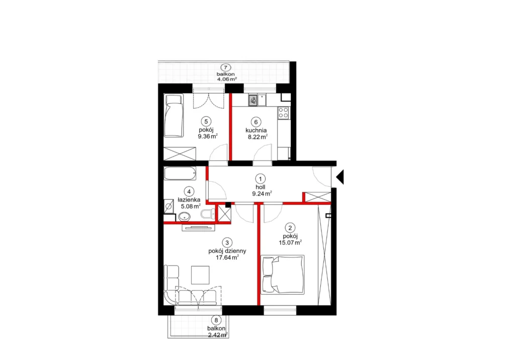 Mieszkanie 3-pokojowe 64 m² z dwoma balkonami — II piętro, klatka II