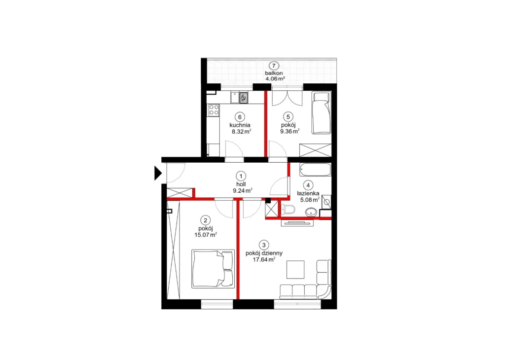 Mieszkanie 3-pokojowe 64 m² z oddzielną kuchnią — I piętro, klatka I