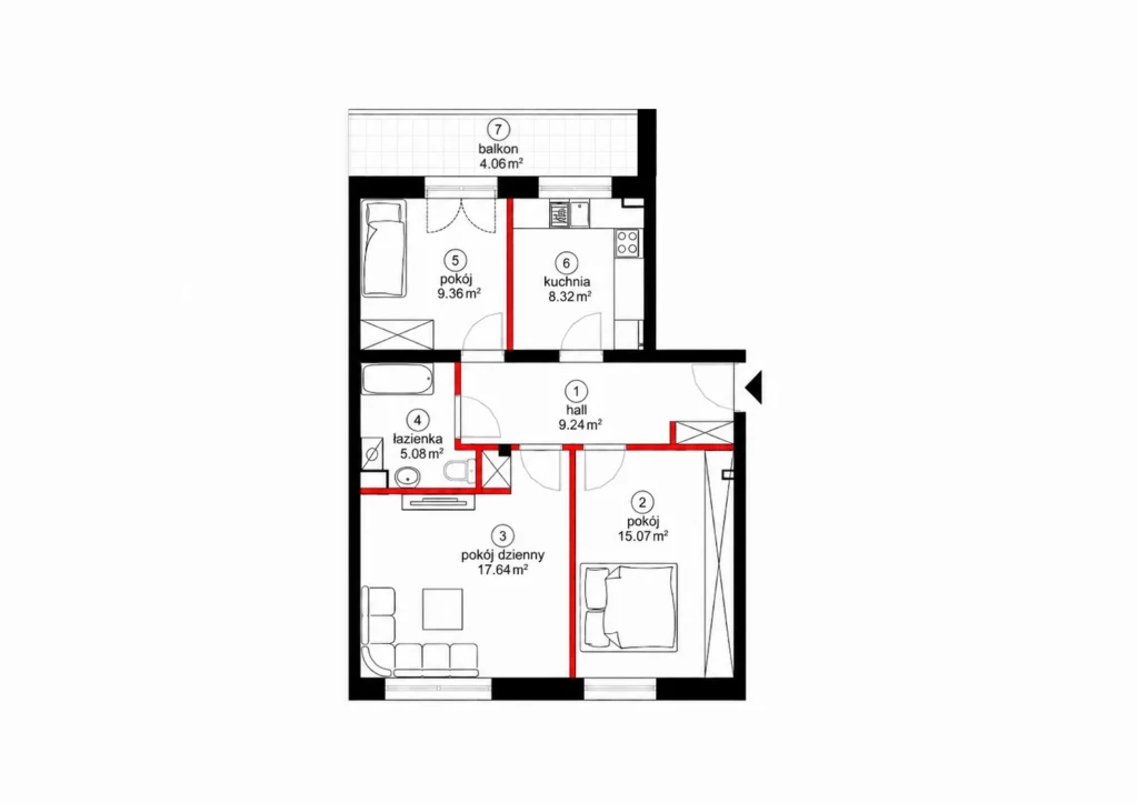 Mieszkanie 3-pokojowe 64 m² z oddzielną kuchnią — I piętro, klatka II