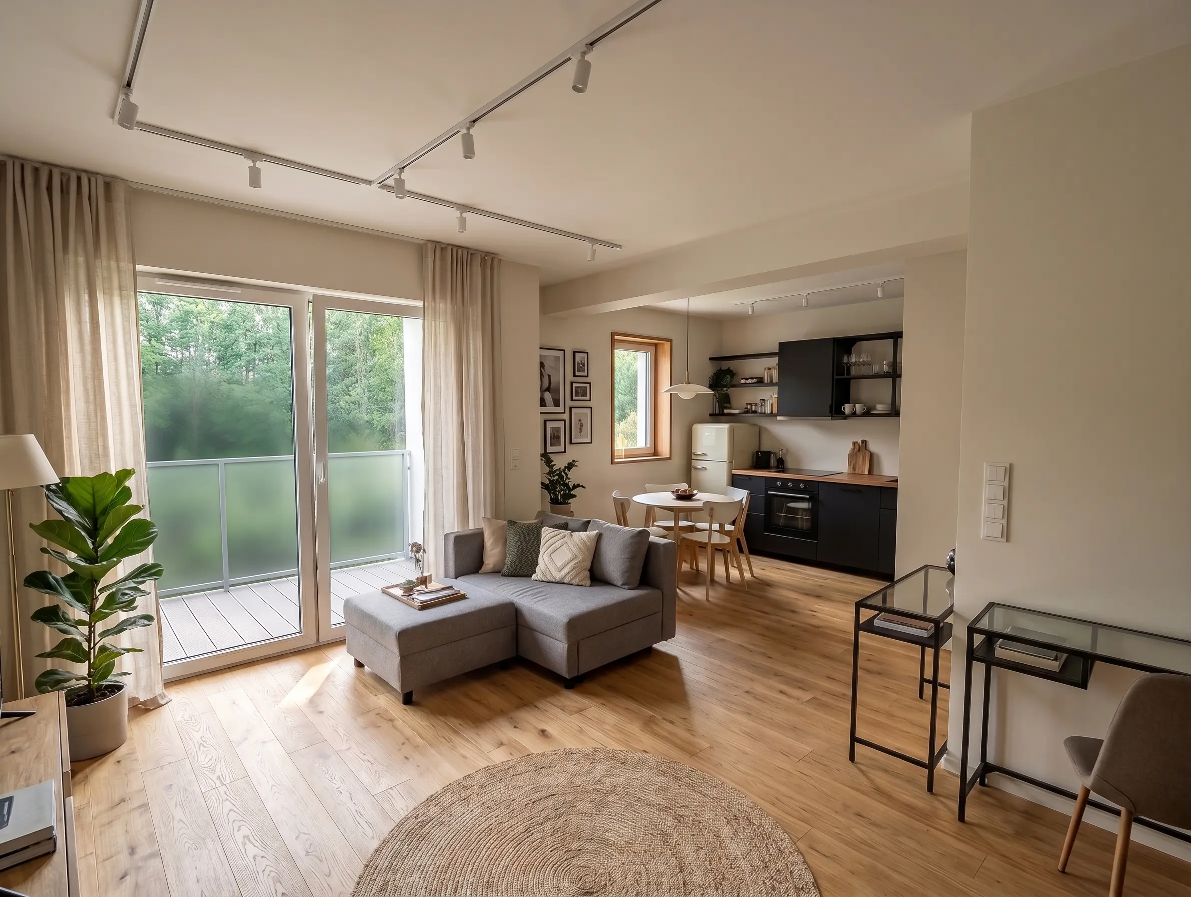 Salon z aneksem kuchennym w studio 31 m² w Sulejówku - Zielone Osiedla