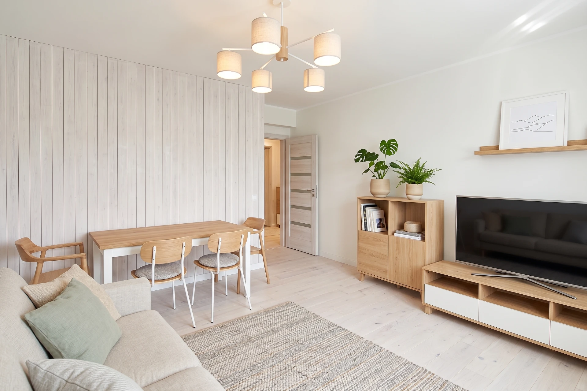 Salon z jadalnią w stylu skandynawskim